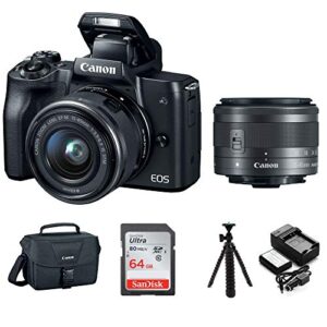 canon eos m50 15-45mm mirrorless digital camera (black) with canon eos camera gadget bag, 64gb sd card, flexible 12″ spider tripod, and battery & charger pack bundle (5 items) (renewed)