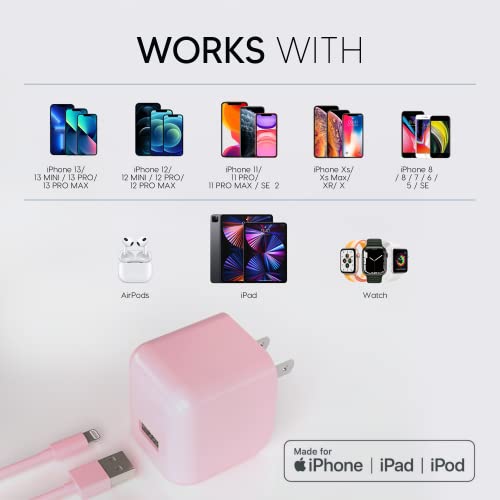 TALK WORKS USB Cable Compatible w/iPhone 13/13 Pro/13 Pro Max, 14/14 Plus/14 Pro/14 Pro Max, Phone, AirPods, iPad - 5' Lightning Cable Wall Charger Adapter - MFI Certified (Pink)