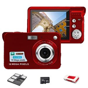 Acuvar 18MP Megapixel Digital Camera Kit with 2.7" LCD Screen, Rechargeable Battery, 32GB SD Card, Card Holder, Card Reader, HD Photo & Video for Indoor, Outdoor Photography for Adults, Kids (Red)