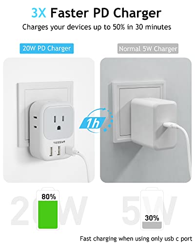 USB C Fast Charger, 20W PD USB Plug Adapter, TESSAN 3 USB Wall Charger Multiports (1 USB C Port), Cube Charging Station for Cruise, Home, Office, Dorm Essentials