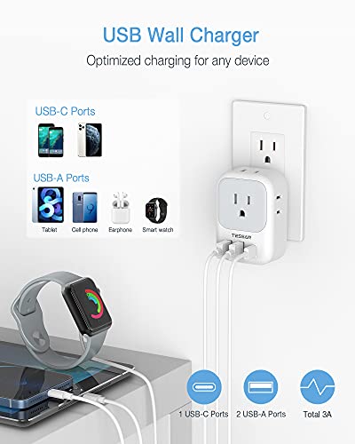 USB C Fast Charger, 20W PD USB Plug Adapter, TESSAN 3 USB Wall Charger Multiports (1 USB C Port), Cube Charging Station for Cruise, Home, Office, Dorm Essentials