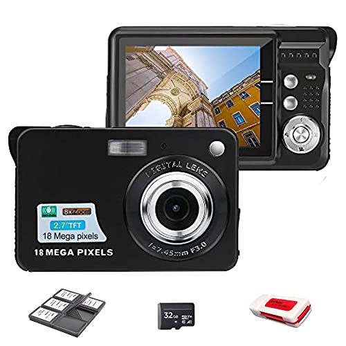 Acuvar 18MP Megapixel Digital Camera Kit with 2.7" LCD Screen, Rechargeable Battery, 32GB SD Card, Card Holder, Card Reader, HD Photo & Video for Indoor, Outdoor Photography for Adults, Kids (Black)