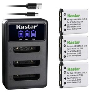 kastar battery 3-pack + lcd triple charger replacement for olympus li-42b li-40b, fujifilm np-45 np-45a np-45b np-45s, nikon en-el10, kodak klic-7006, casio np-80, pentax d-li63 d-li108, ricoh ds-6365