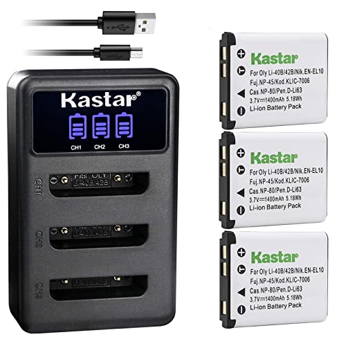 Kastar Battery 3-Pack + LCD Triple Charger Replacement for Olympus LI-42B LI-40B, Fujifilm NP-45 NP-45A NP-45B NP-45S, Nikon EN-EL10, Kodak KLIC-7006, Casio NP-80, Pentax D-Li63 D-Li108, Ricoh DS-6365