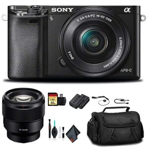 sony alpha a6000 mirrorless camera with 16-50mm lens black with sony fe 85mm lens, soft bag, additional battery, 64gb memory card, card reader, plus essential accessories