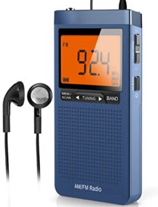 am fm portable radio,pocket radio with best reception,transistor radio with big digital screen, sleep timer,stereo earphone jack, and alarm clock operated by 2 aaa batteries for jogging, walking(blue)