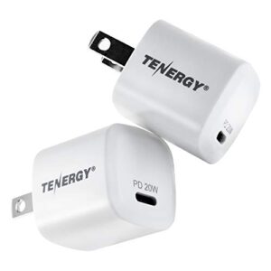 tenergy usb-c charger with pd 20w, 2 pack fast charging iphone 12/12 mini / 12 pro / 12 pro max / 11, galaxy, pixel 4/3, ipad pro (cable not included)