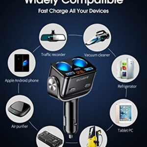 USB C Car Charger, BUVAYE 2-Socket Cigarette Lighter Splitter with 12V/24V Dual PD30W & QC3.0 Fast Charging, Cigarette Lighter Adapter Separate Switch LED Voltage Display for Phone, GPS, Dash Cam