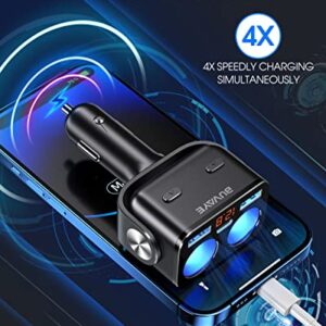 USB C Car Charger, BUVAYE 2-Socket Cigarette Lighter Splitter with 12V/24V Dual PD30W & QC3.0 Fast Charging, Cigarette Lighter Adapter Separate Switch LED Voltage Display for Phone, GPS, Dash Cam