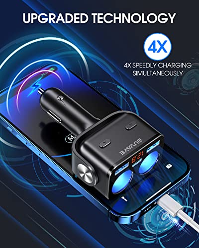 USB C Car Charger, BUVAYE 2-Socket Cigarette Lighter Splitter with 12V/24V Dual PD30W & QC3.0 Fast Charging, Cigarette Lighter Adapter Separate Switch LED Voltage Display for Phone, GPS, Dash Cam