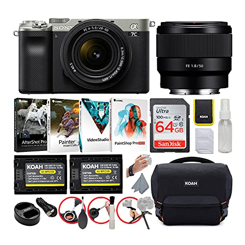 Sony Alpha a7C Full-Frame Compact Mirrorless Camera (Silver) Bundle with FE 28-60mm f/4-5.6 and 50mm f/1.8 Lens (6 Items)