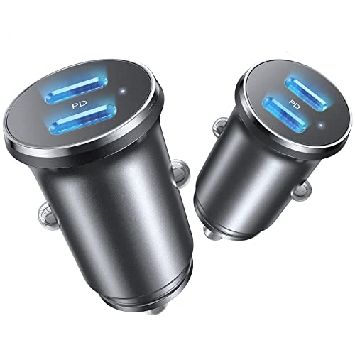 2 Pack USB C Car Charger, 30W+30W Dual Port USB C Car Charger Fast Charging [All Metal & Mini] USB Cigarette Lighter Adapter for iPhone 14/14 Pro/Samsung S23 S22/iPad/Google Pixel