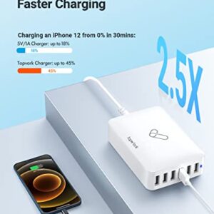 USB Charging Station, Topvork 6-Port USB Wall Charger, Multiport 60W USB Charging Hub, 6-in-1 Desktop USB Charger, Compact USB Charger Block for iPhone 13/13 Pro/iPhone 12, Galaxy, Note, Pixel & More