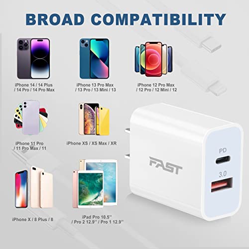 [Apple MFi Certified] iPhone 12 13 14 Fast Charger, ARCCRA 20W PD Dual Port USB C Wall Charger Plug Charging Block Adapter + 2 X 6FT Lightning Cable for iPhone 14 13 12 Pro Max Mini 11 XS XR X, iPad