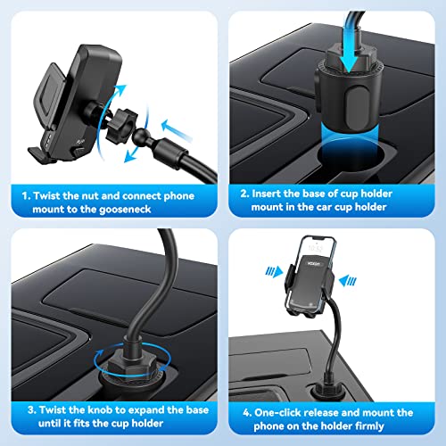 VOXON Cup Holder Phone Mount with Car Vent Clip, [2 Mounting Options], Adjustable Stable Long Arm Cup Car Phone Holder Cradle Compatible with iPhone Samsung Pixel All Phones