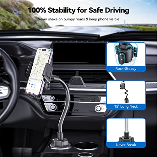 VOXON Cup Holder Phone Mount with Car Vent Clip, [2 Mounting Options], Adjustable Stable Long Arm Cup Car Phone Holder Cradle Compatible with iPhone Samsung Pixel All Phones