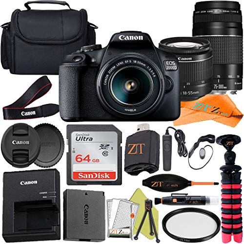 Canon EOS 2000D (Rebel T7) Digital SLR Camera 24.1MP Sensor with EF-S 18-55mm & 75-300mm Lens + ZeeTech Accessory Bundle for, SanDisk 64GB Memory Card, Case and Tripod (Renewed)