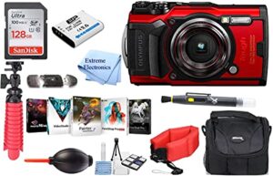 extreme electronics olympus tough tg-6 waterproof camera (red) – adventure bundle with extra batterie + float strap sandisk 128gb ultra memory card padded case flex tripod photo software suite more