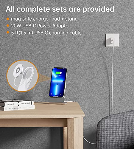 Magnetic Wireless Charger for Apple Series, Mag-Safe Charger Stand 15W Fast Wireless Charging Stand/Pad+5ft USB-C Cable for iPhone 14 13 12 Pro Max Mini, Airpods(with 20W USB-C PD Adapter)Mag Chargers