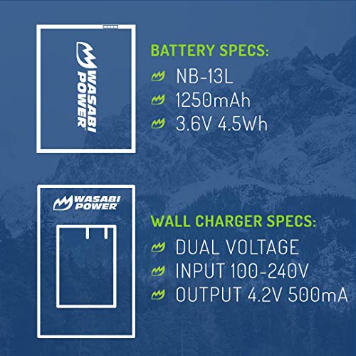 Wasabi Power NB-13L Battery (2-Pack) and Charger for Canon PowerShot G1 X Mark III, G5 X, G5 X Mark II, G7 X, G7 X Mark II, G7 X Mark III, G9 X, G9 X Mark II, SX620 HS, SX720 HS, SX730 HS, SX740 HS