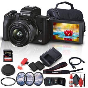 canon eos m50 mark ii mirrorless digital camera with 15-45mm lens (4728c006) + 64gb extreme pro card + extra lpe12 battery + case + uv filter + card reader + filter kit + hdmi cable + more (renewed)