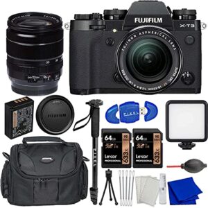 fujifilm x-t3 mirrorless camera with 18-55mm lens (black, usb charging) bundle with promaster led light, gadget bag, 2x 64gb sdxc memory card, monopod + more (usa authorized with fujifilm warranty)
