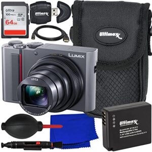 ultimaxx essential panasonic lumix tz220d digital camera bundle (silver) – includes: 64gb ultra sdxc, replacement battery (1200mah), camera case, high-speed memory card reader & more (13pc bundle)