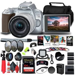 canon eos 250d / rebel sl3 dslr camera with 18-55mm lens (silver) (3461c001) + 64gb memory card + color filter kit + filter kit + 2 x lpe17 battery + external charger + card reader + more (renewed)