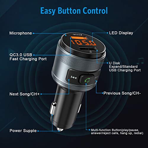 Criacr Bluetooth FM Transmitter for Car, Wireless Radio Transmitter Adapter Car Kit, MP3 Music Player, Dual USB Ports, QC3.0 Quick Charging, Hands Free Calling, Support USB Flash Drive