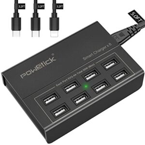 usb charger station,powstick 8 ports charging hub 60w/12a, included 3 mixed cables,desktop compact multi port usb charger compatible phone, ipad tablet and multiple device(5ft detachable cord,black)