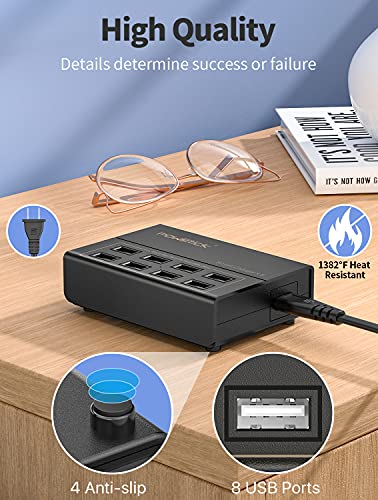 USB Charger Station,Powstick 8 Ports Charging Hub 60W/12A, Included 3 Mixed Cables,Desktop Compact Multi Port USB Charger Compatible Phone, iPad Tablet and Multiple Device(5ft Detachable Cord,Black)