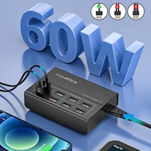 USB Charger Station,Powstick 8 Ports Charging Hub 60W/12A, Included 3 Mixed Cables,Desktop Compact Multi Port USB Charger Compatible Phone, iPad Tablet and Multiple Device(5ft Detachable Cord,Black)