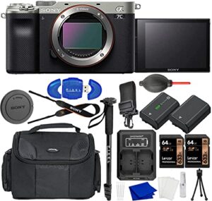 sony alpha a7c compact mirrorless camera bundle with extra battery, usb dual charger, 2x 64gb sdxc memory card, water resistant gadget bag, monopod + more