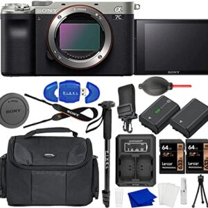 Sony Alpha a7C Compact Mirrorless Camera Bundle with Extra Battery, USB Dual Charger, 2X 64GB SDXC Memory Card, Water Resistant Gadget Bag, Monopod + More