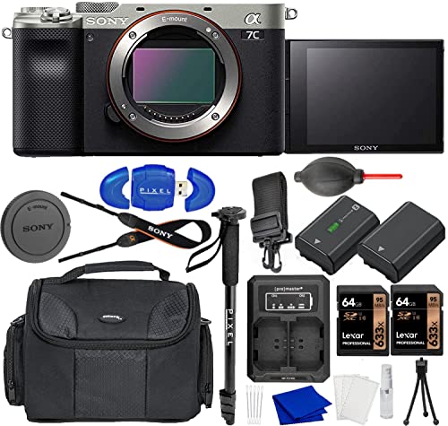 Sony Alpha a7C Compact Mirrorless Camera Bundle with Extra Battery, USB Dual Charger, 2X 64GB SDXC Memory Card, Water Resistant Gadget Bag, Monopod + More