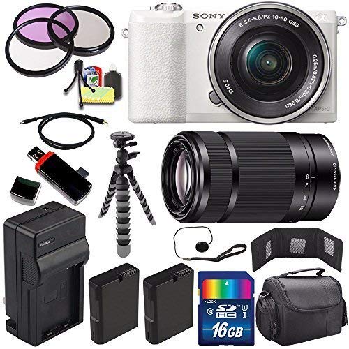 Sony Alpha a5100 Mirrorless Digital Camera with 16-50mm Lens (White) + Sony E 55-210mm f/4.5-6.3 OSS E-Mount Lens 16GB Bundle 22 - International Version (No Warranty)