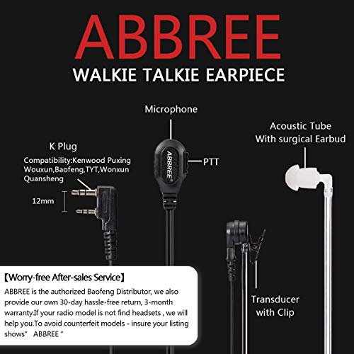 BAOFENG ABBREE Original Air Acoustic Tube Walkie Talkie Earpiece 2-Pin Detachable Two Way Radio Headset Compatible with Ham Radio UV5R UV-82 BF-888S BF-F8HP Series(1Pack)