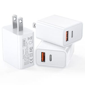 3 pack 20w usb c fast charger, dual port pd power delivery + quick charger 3.0 wall charger block plug cube for iphone 14/14 plus/14 pro max/13/12 pro max/mini/11/xs/xr/x, ipad, samsung, lg