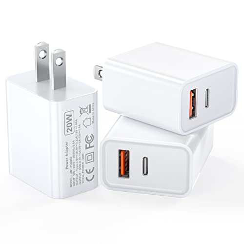 3 Pack 20W USB C Fast Charger, Dual Port PD Power Delivery + Quick Charger 3.0 Wall Charger Block Plug Cube for iPhone 14/14 Plus/14 Pro Max/13/12 Pro Max/Mini/11/XS/XR/X, iPad, Samsung, LG