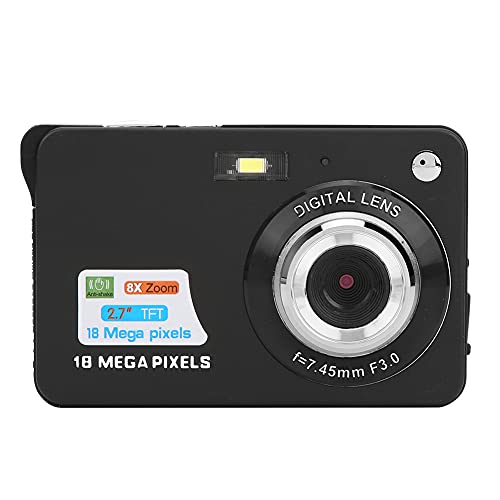 8X Zoom Card Digital Camera, Portable 18 MP 2.7in 1280x720 Full HD LCD Display CMOS Auto Focusing Pocket Camera Support 32GB Memory Card, for AdultSeniorsKids (Black)