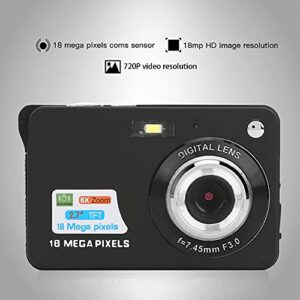 8X Zoom Card Digital Camera, Portable 18 MP 2.7in 1280x720 Full HD LCD Display CMOS Auto Focusing Pocket Camera Support 32GB Memory Card, for AdultSeniorsKids (Black)