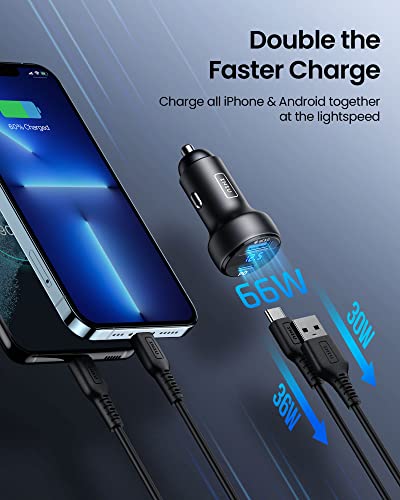 INIU USB C Car Charger, 66W Total [USB C+USB A] Car Charger Adapter with PD & QC, Fast Charging All Metal Tiny Car Phone Charger for iPhone 14 13 12 11 X Pro Samsung S21 Pixel iPad MacBook Air Tablet