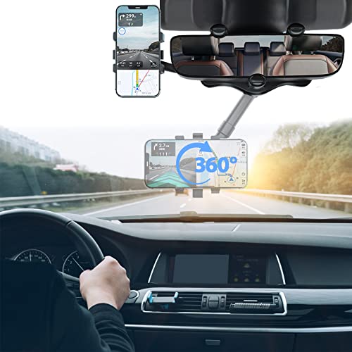 TOGETDREAM Car Rear View Phone Holder Mount, 360°Rotatable Retractable Rearview Mirror Phone Holder for Car, GPS Holder Car Phone, Compatible with iPhone, Samsung, Moto, Huawei, Nokia, LG