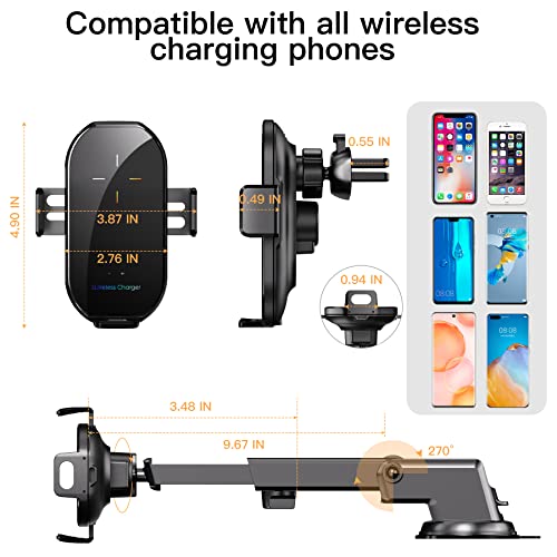 Wireless Car Charger Mount,10W Qi Fast Charging Auto-Clamping Cell Phone Holders, Air Vent Windshield Dashboard Car Phone Mount,Long Arm Suction Cup Phone Holder Compatible with All Mobile Phones