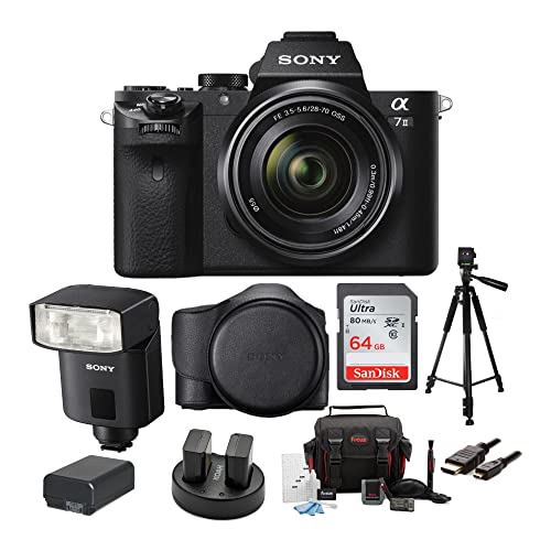 Sony Alpha a7II Mirrorless Digital Camera Bundle with 28-70mm Lens, External Flash, Cases, Tripod, Camera Bag, 64GB SD Card, Battery and Dual Charger, Lithium Ion Battery and HDMI Cable (9 items)