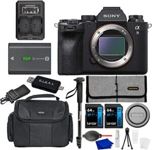 sony alpha 9 ii mirrorless camera bundle with extra battery, 2x 64gb sdxc card, gadget bag, dually charger, accessory rollup, monopod + more | sony a 9ii