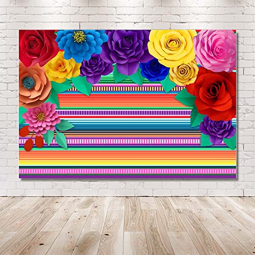 MEHOFOND 7x5ft Mexican Theme Striped Paper Flowers Background Fiesta Cinco De Mayo Party Table Banner Decor Photography Props Photo Booth Backdrop Supplies