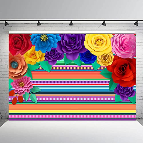 MEHOFOND 7x5ft Mexican Theme Striped Paper Flowers Background Fiesta Cinco De Mayo Party Table Banner Decor Photography Props Photo Booth Backdrop Supplies