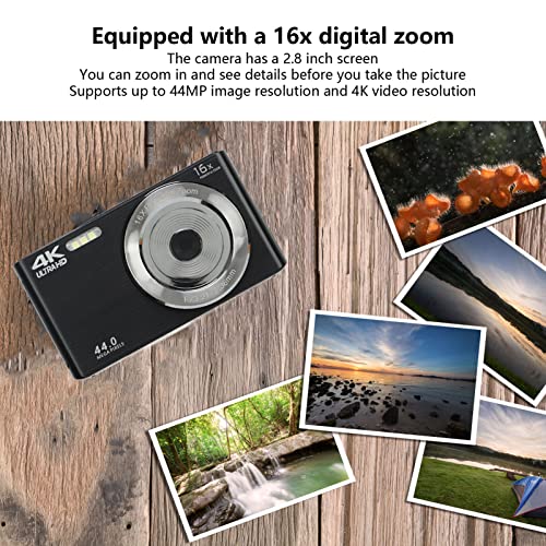 4K Digital Camera, 44MP Video Camera, 16X Digital Zoom Camera with 2.8in Screen, Built in Fill Light Stabilization Compact Portable Camera for Children Beginners (Black)