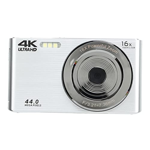 4K Digital Camera, 44MP Video Camera, 16X Digital Zoom Camera with 2.8in Screen, Built in Fill Light Stabilization Compact Portable Camera for Children Beginners (Silver)